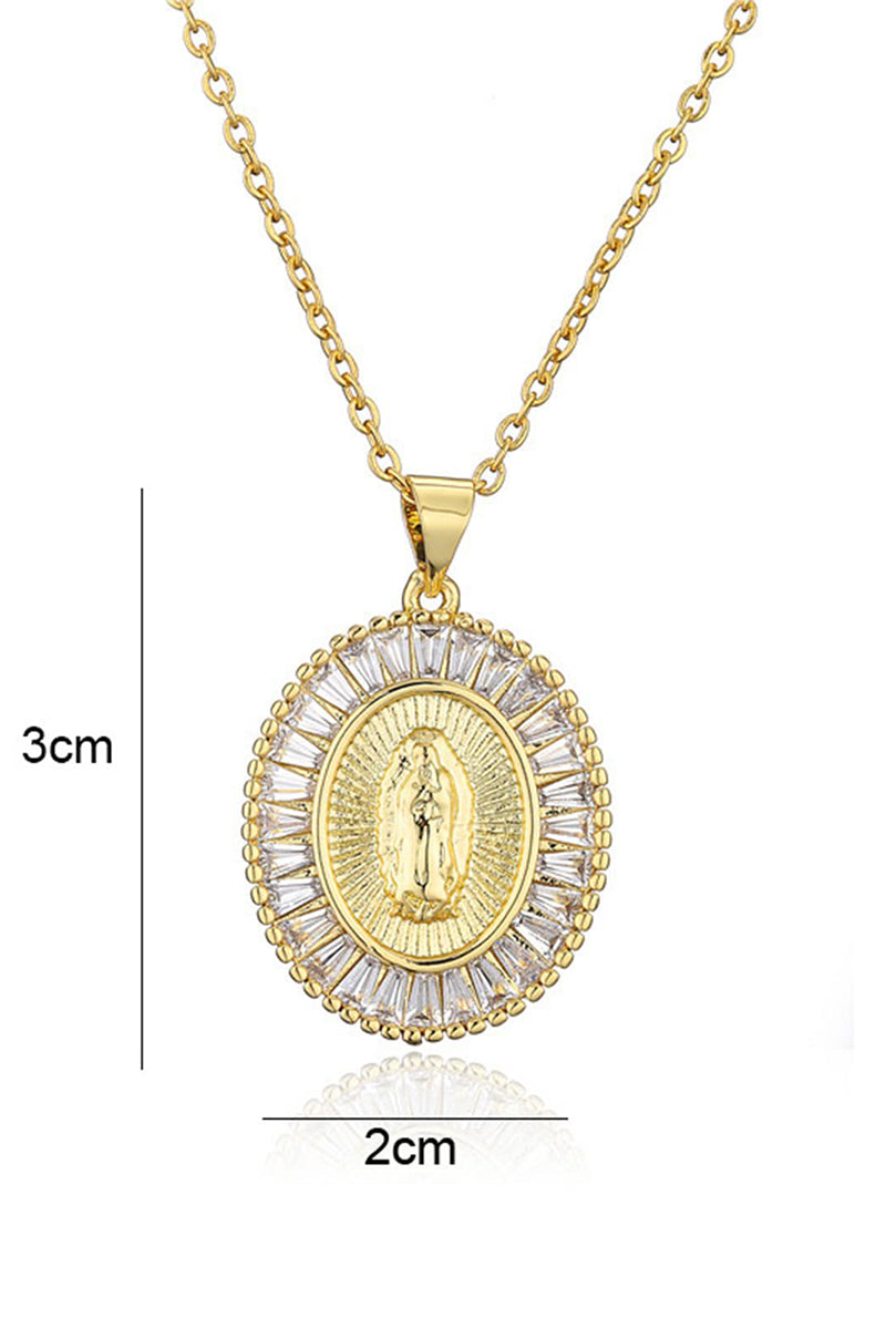 Gold Women Rhinestone Christian Jewelry Virgin Mary Pendant Necklace