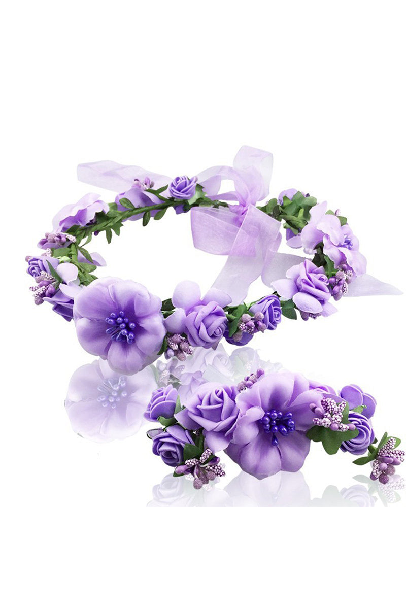 Ever Fairy Women Flower Crown Wreath Bracelet 2pcs/set Adjustable Ribbon