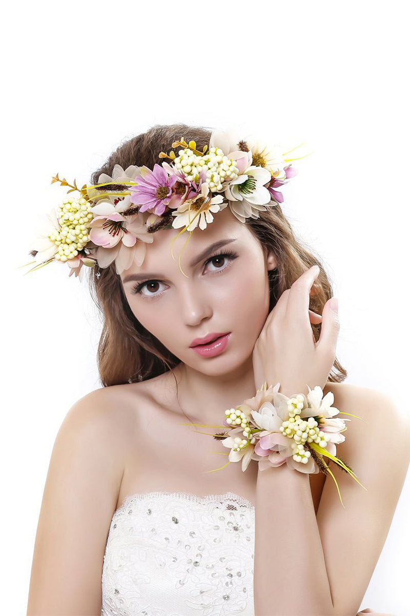Ever Fairy 2pc/set Flower Wreath Garland Headband and Wrist for Wedding Festivals, Purple, One Size